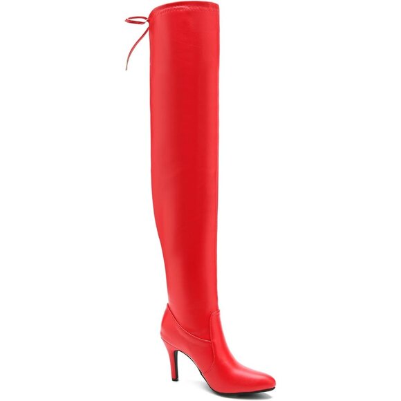 Women Red Polyurethane Pointed Toe Over The Knee Thigh High Stiletto Heel Boot - Picture 3 of 9